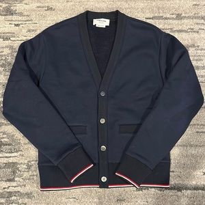Thom Browne Navy Men’s jersey cardigan with RWB trim size 1